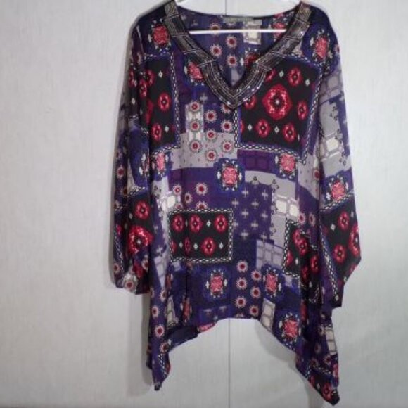 Valerie Stevens Womens Tunic Top XL Sharkbite Hem Sequins Artsy Lightweight - Picture 1 of 6